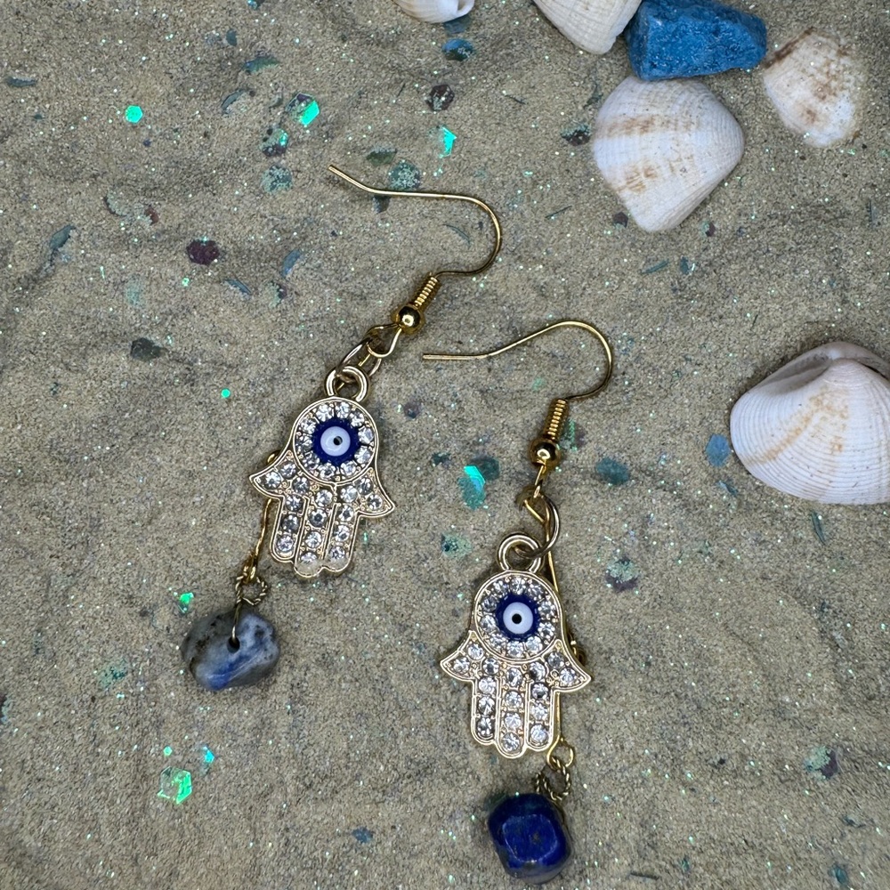 Gold Hamsa Evil Eye Dangle Earrings